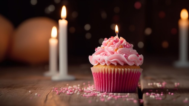 Birthday Cupcake With Candle And Pink Decoration