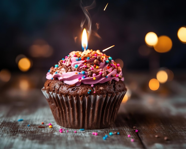 Birthday cupcake with candle on wooden table