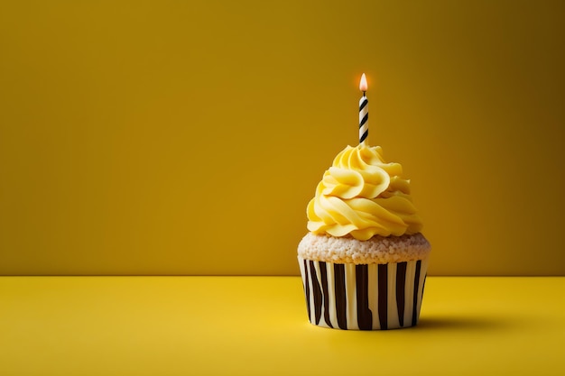 Birthday cupcake with candle on yellow background