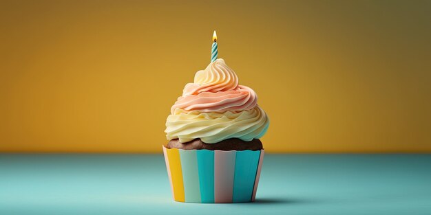 Birthday cupcake with one candle with empty space on a pastel background Generative AI