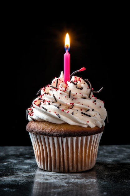 Birthday cupcake with a single lit candle created with generative ai
