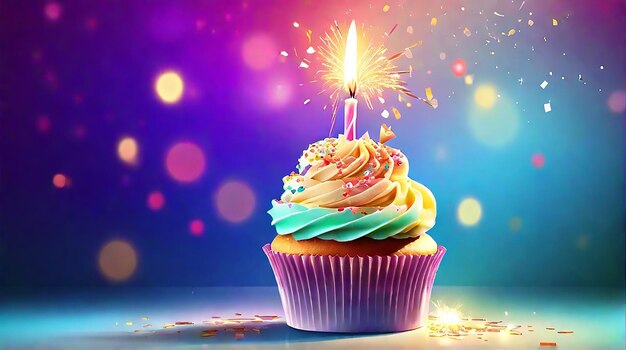 Birthday cupcake with sparkler illustration on gradient blur background generated by ai