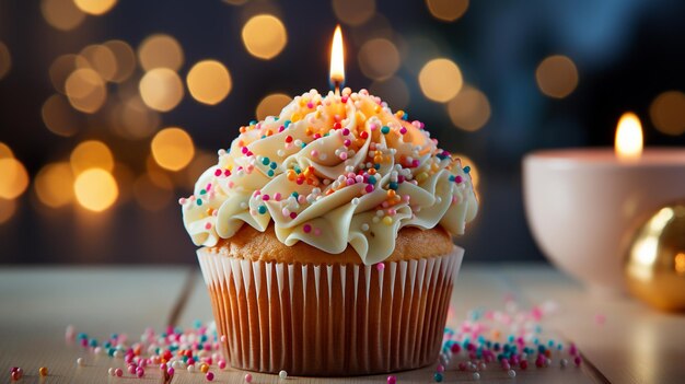 Photo birthday cupcake with sparkler on table