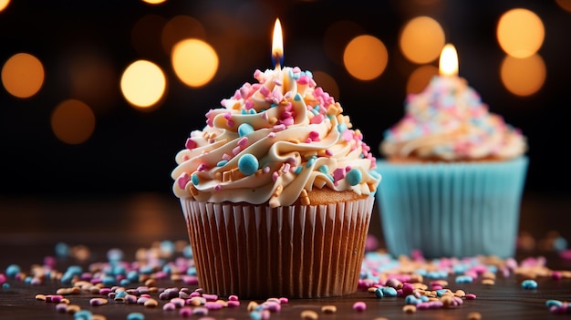 birthday cupcake with sparkler on table