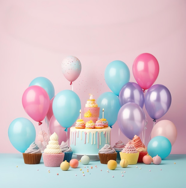 Birthday cupcakes and balloons on pastel background with copy space