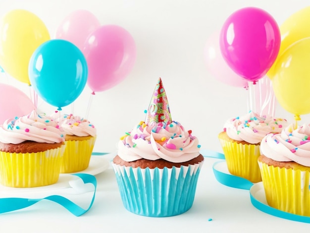 birthday cupcakes with background of colorful balloons