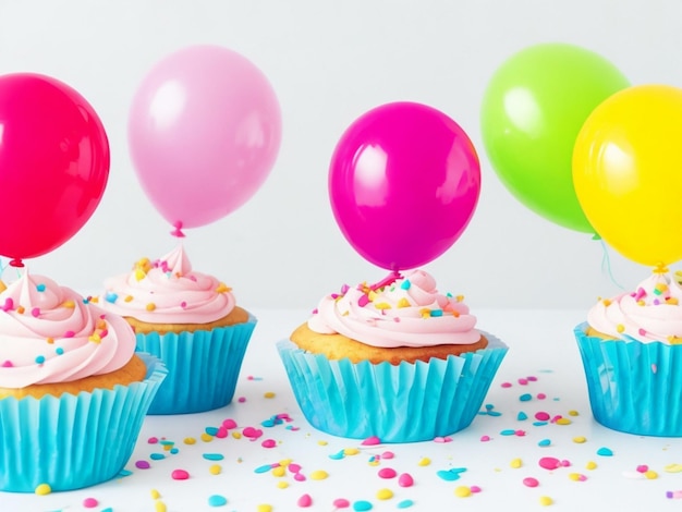 birthday cupcakes with background of colorful balloons