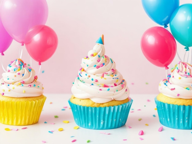 birthday cupcakes with background of colorful balloons