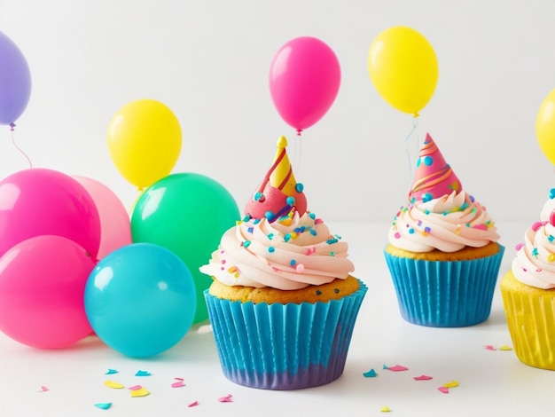 birthday cupcakes with background of colorful balloons