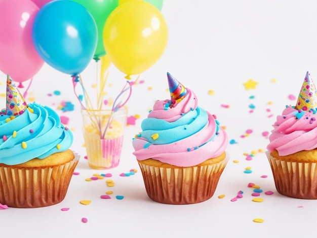 birthday cupcakes with background of colorful balloons