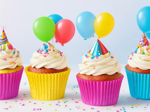 birthday cupcakes with background of colorful balloons