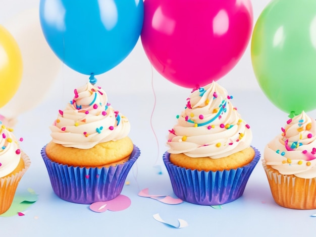 birthday cupcakes with background of colorful balloons