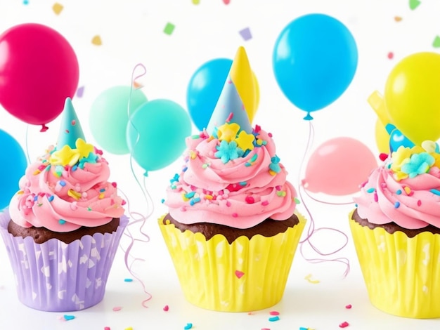 birthday cupcakes with background of colorful balloons