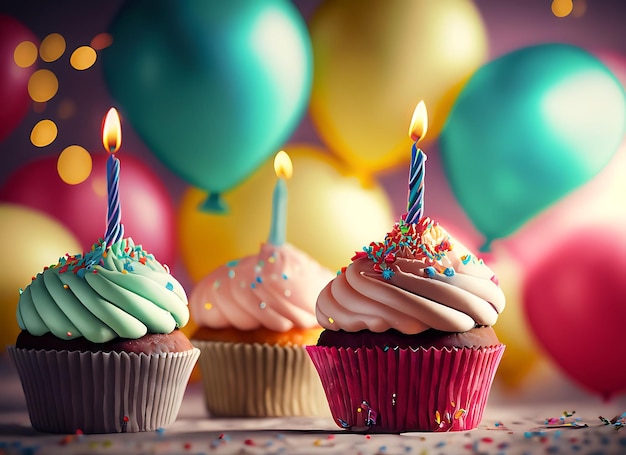 Birthday cupcakes with blur background colorful balloons realistic image ultra hd