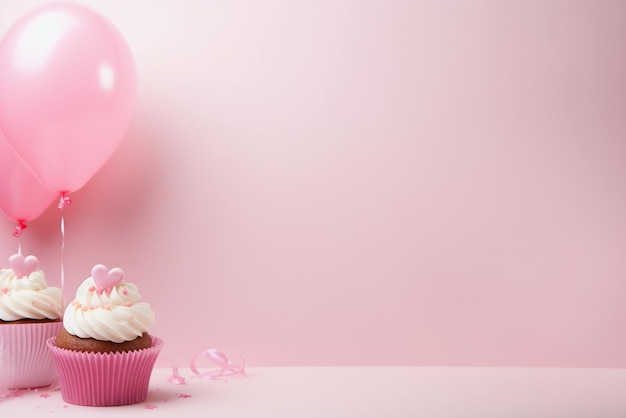 コピー スペースとパステル ピンクの背景にピンクの風船と誕生日カップケーキ