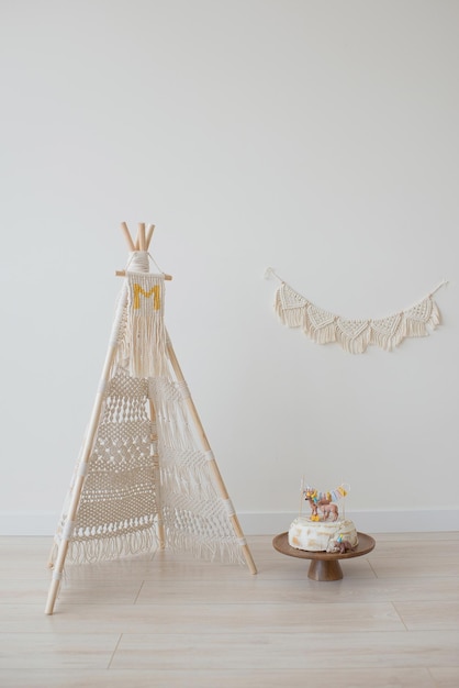 Birthday decoration in boho style with macrame elements