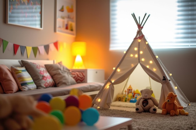 Birthday decoration in cozy children room interior