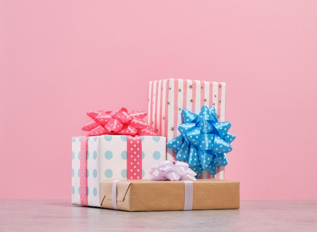 Birthday decoration Creatively wrapped gifts with bright bows Idea of fun holiday