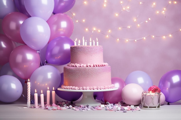 Birthday decoration with cake and balloons