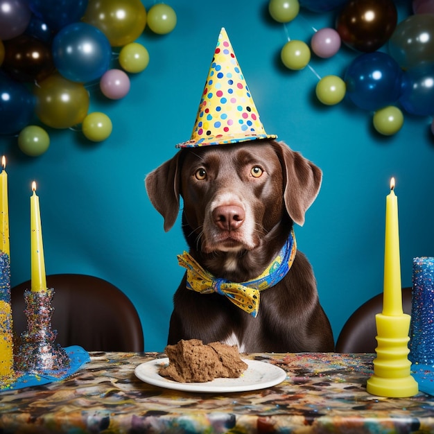 誕生日の犬のリアルな写真青と黄色