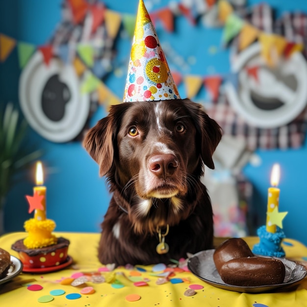 Birthday dog realistic photograph blue and yellow