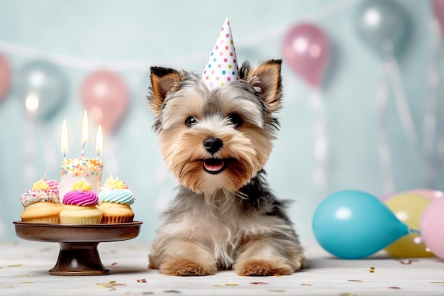 カップケーキとバースデーケーキを持つ誕生日の犬