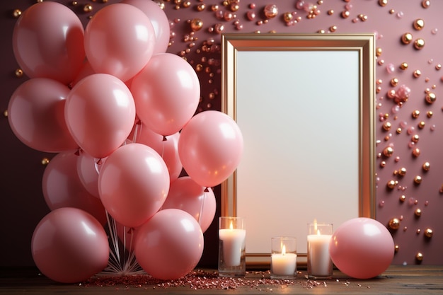 Birthday elegance flat lay of pastel pink table balloonframed frame and confetti