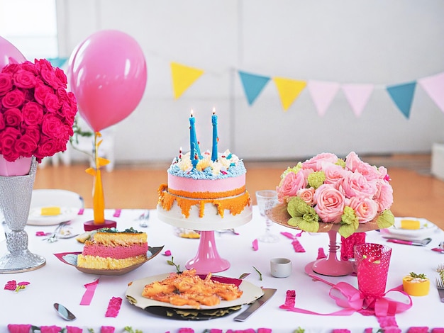 Photo birthday event with cake chocolates candles and roses pink and blue theme