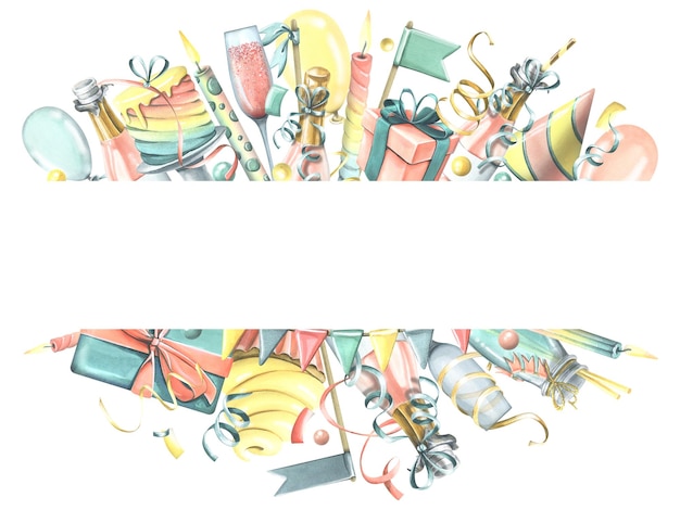 誕生日フレームは明るいお祝い水彩イラスト手描きポストカード ポスター バナーのデザインと装飾用、フォト ゾーンの招待状、白い背景のテンプレート