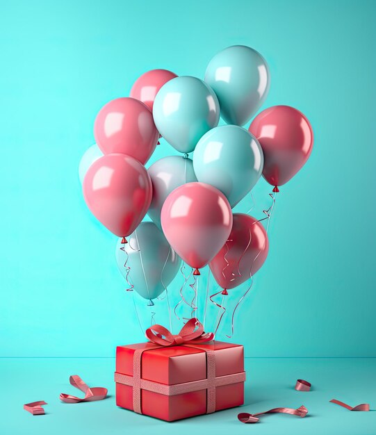 Birthday gift box with colorful ballon on pastel background