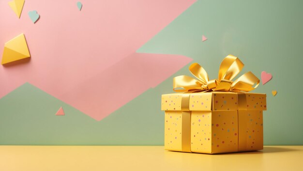 Birthday gift box on yellow background Backdrop with copy space