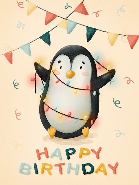 Photo birthday gift card cute cartoon penguin with holiday garland