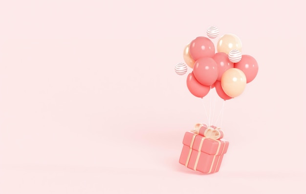 A birthday gift with a bow with flying and of realistic pink and gold balloons