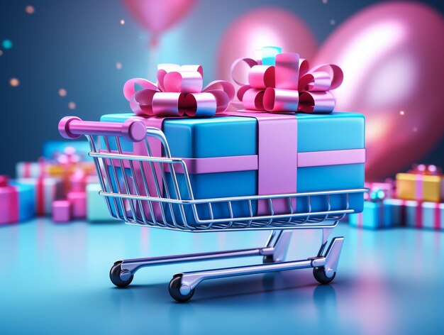 Birthday gift with shopping cart on colour background