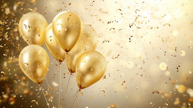 Foto ballooni d'oro di compleanno disegno di sfondo ballo d'oro e confetti di compleanno elemento di decorazione per la celebrazione del giorno di nascita disegno di biglietti di auguri