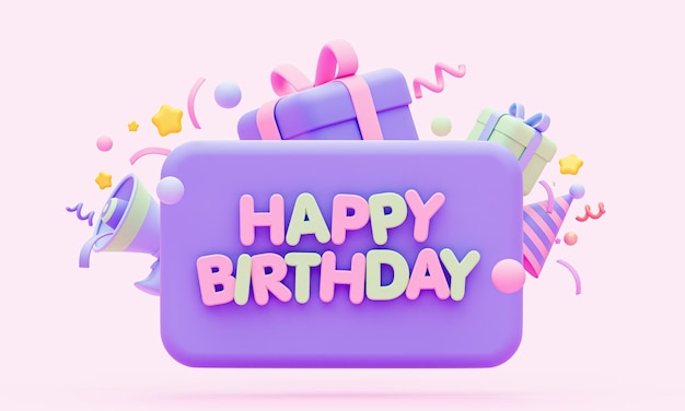 확성기와 생일 모자 3d 렌더링 일러스트와 함께 생일 인사말 카드 선물