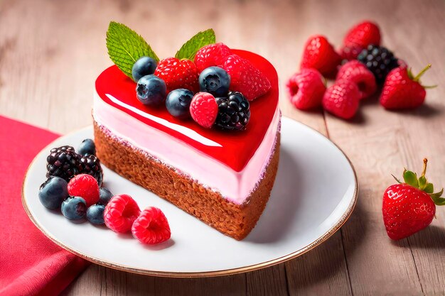 생일 축하 카드 또는 발렌타인 데이 맛있는 심장 모양 케이크와 신선한 베리