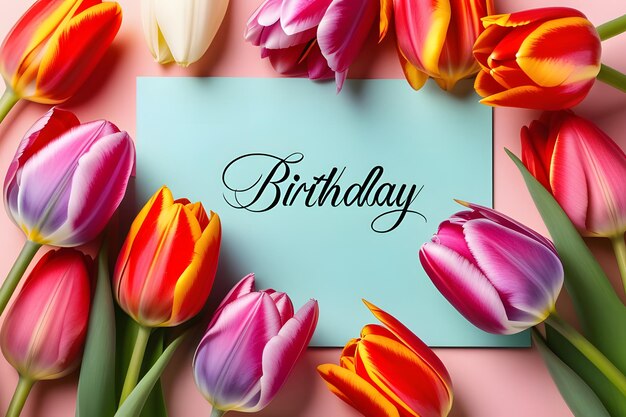 Birthday greeting card with tulips on a pink background Isolated on a pink background