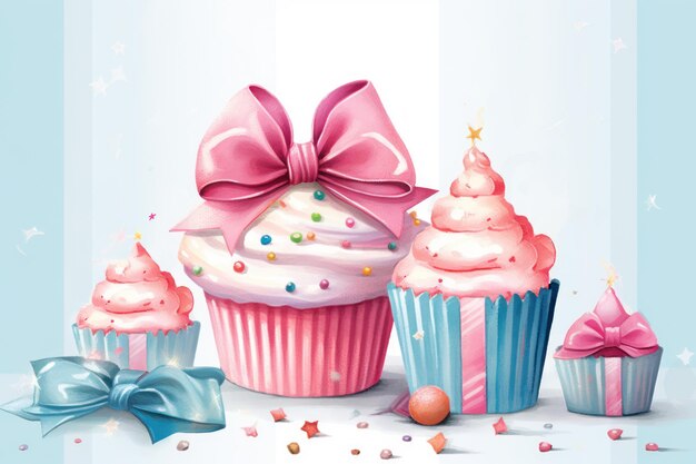 Birthday or holiday greeting card with a cupcake and presents