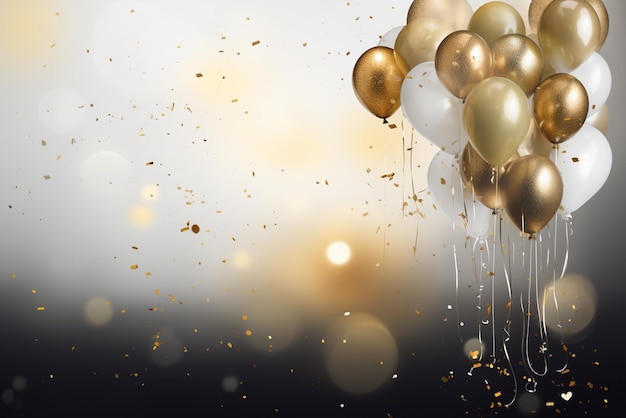 Фото Иллюстрация дня рождения с золотыми воздушными шарами и золотой пылью