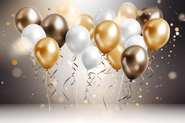 birthday illustration with gold balloons and golden dust