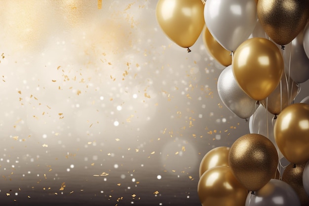 birthday illustration with gold balloons and golden dust