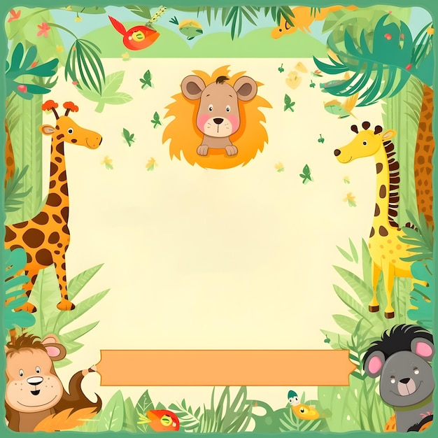 Birthday invitation frame background with funny animal and beauty flower