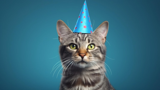 Birthday kitty cat with party hat isolated on blue