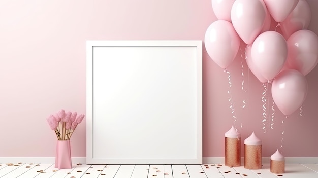 Birthday mockup with frame pastel balloons and confetti on pink background