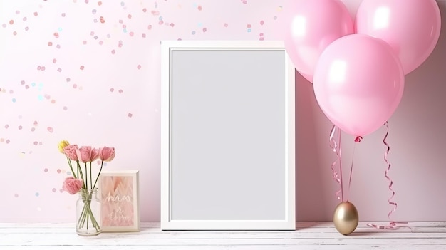 Birthday mockup with frame pastel balloons and confetti on pink background