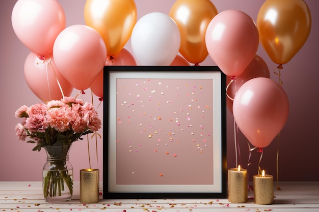 Birthday mockup with frame pastel balloons and confetti on pink table top view Flat lay style