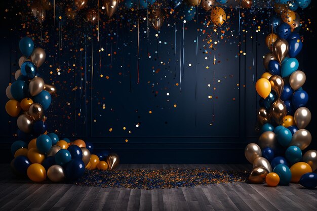 Photo birthday new year celebration background blue and gold balloons celebrate backdrop balloons ai