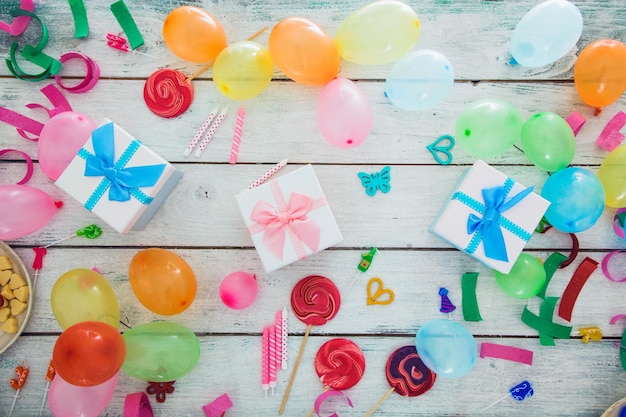 Birthday objects on wood