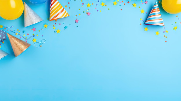 Birthday party background with colorful balloons and confetti on blue background